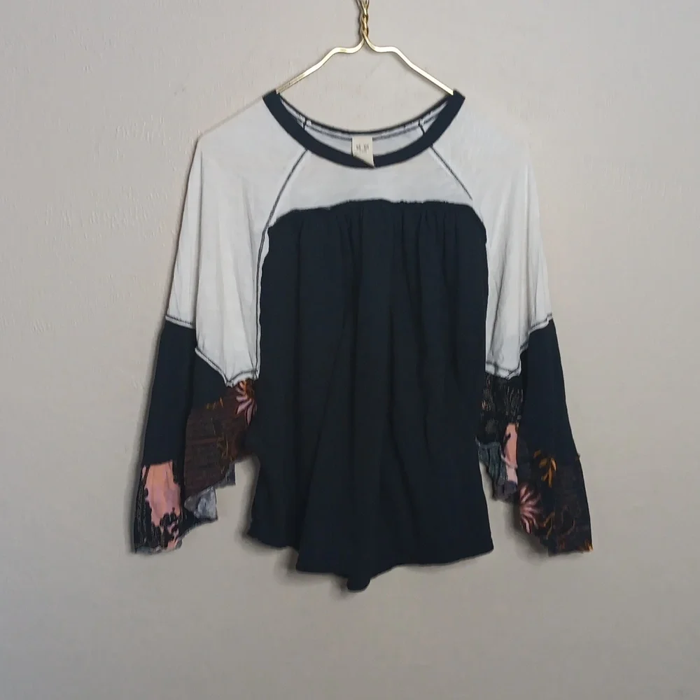 Free People Black and White Peasant-Style Long Sleeve Blouse